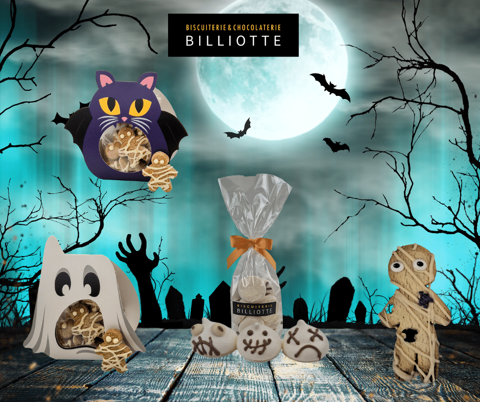 Différents biscuits pour Halloween avec des décorations en chocolat